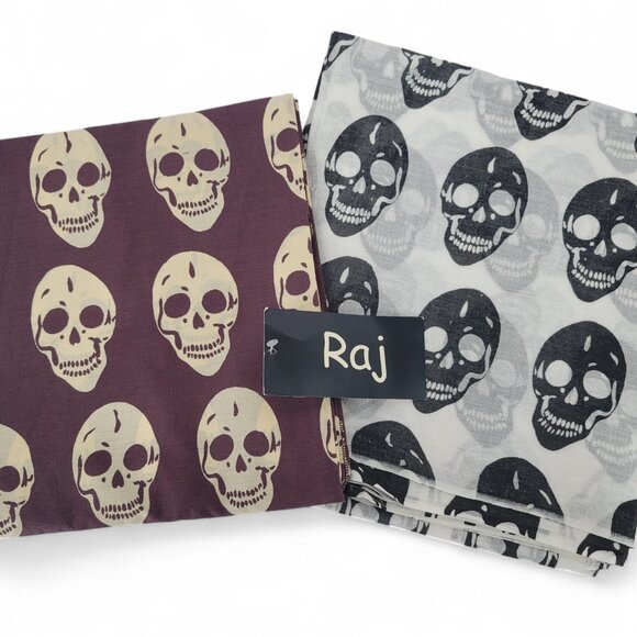 Raj Silk Scarf Skull Print Wrap Shawl NWT Black White Purple Alexander Inspired - Picture 1 of 2